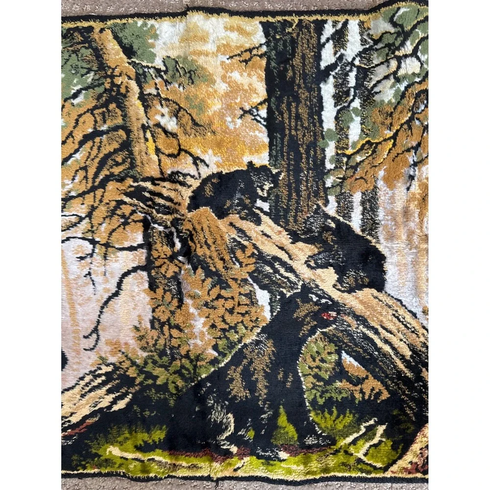 Vintage Black Bear Forest Velvet Wall Tapestry Rustic Cabin Wildlife Decor 39x19